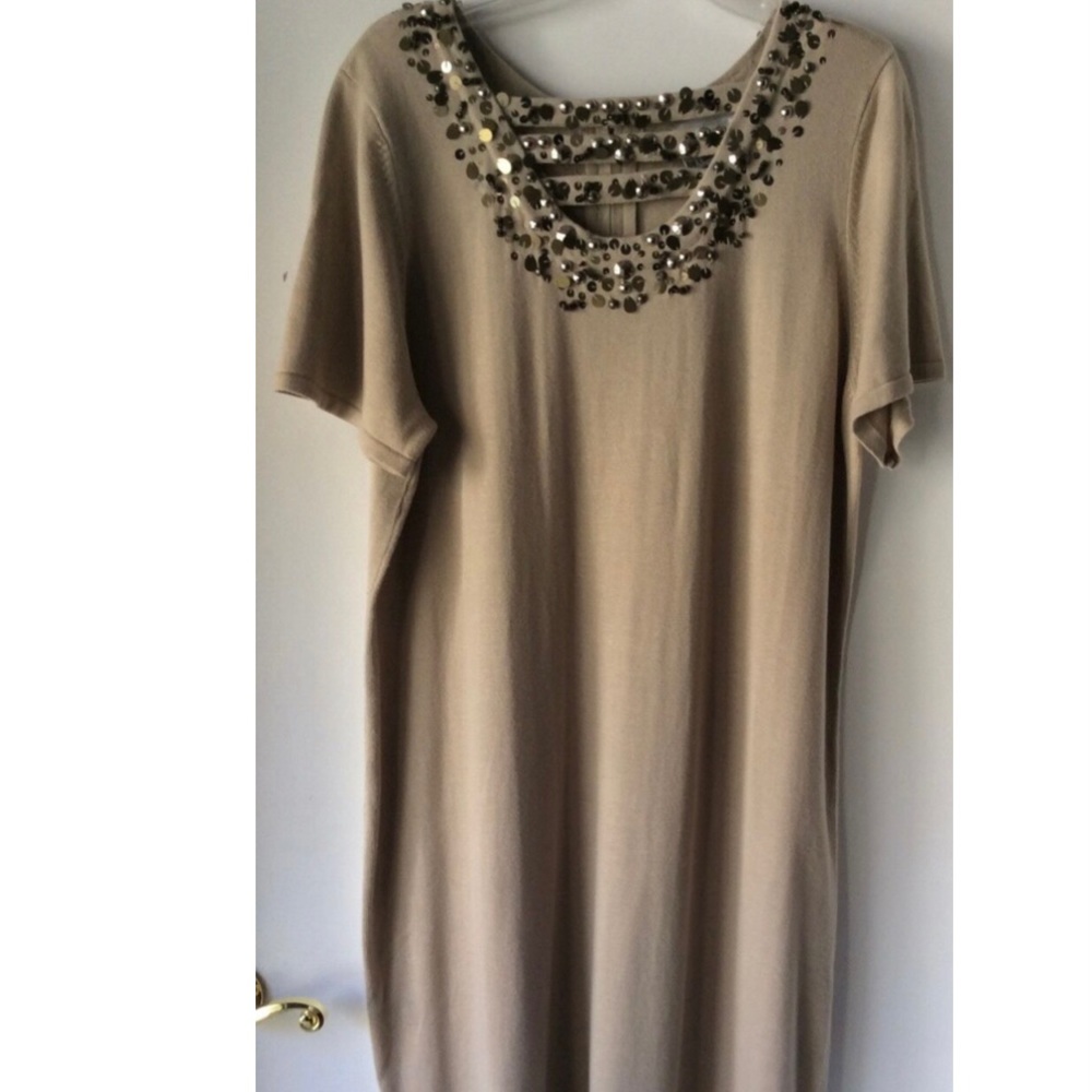 Linea Louis Dell Olio Knit Dress Gold Beaded Neck Short Sleeves